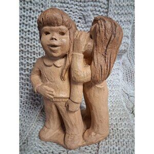Vintage L. Bornand Terracotta Sculpture Of Two Children Whispering Figurine 10"